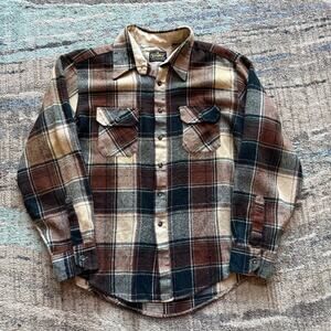 Men's Vintage 80's Sears Sportswear Brown Black Flannel Button Up Shirt Sz XL